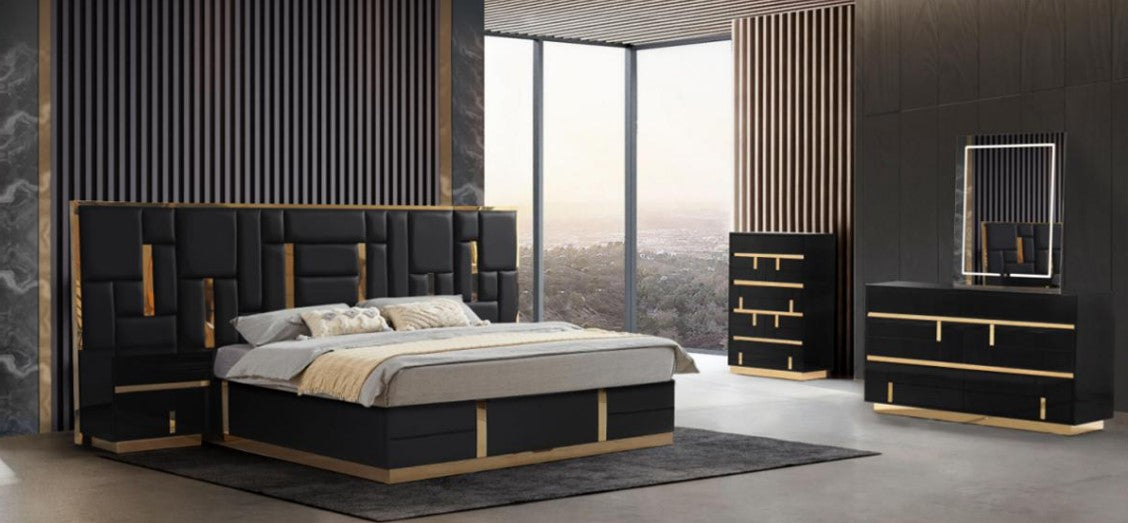 Modern bedroom with black and gold furniture set against a cityscape view.