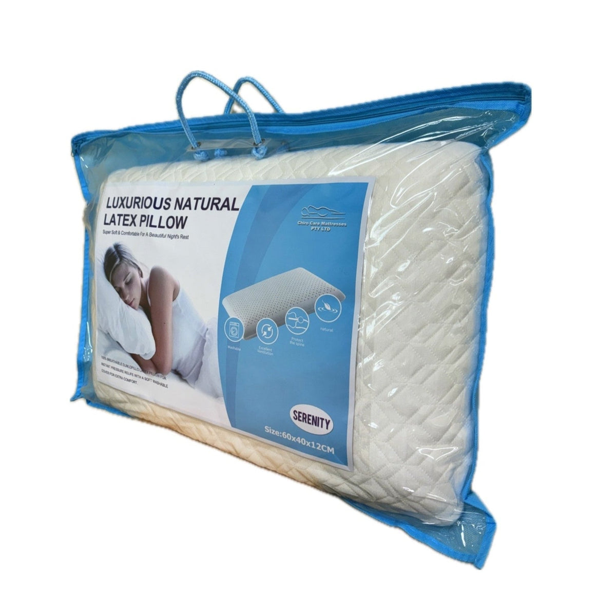 Luxurious natural latex pillow in clear packaging with blue accents
