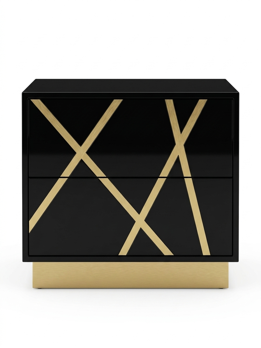 Black dresser with gold geometric patterns on a white background