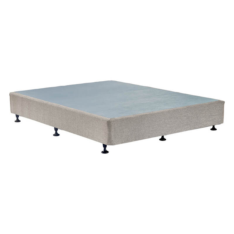 Mattress base with a light gray fabric cover on a white background