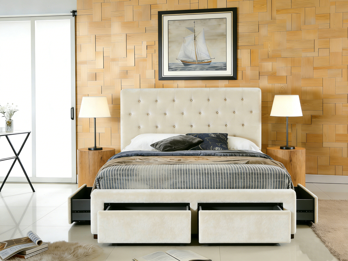 Modern bedroom with a tufted bed against a wooden paneled wall.