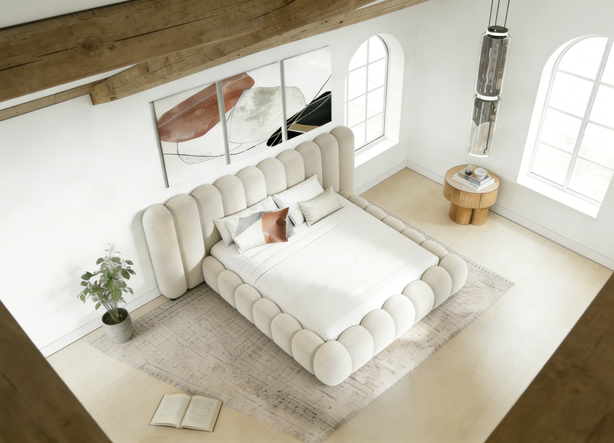 Modern bedroom with a large bed, wooden floor, and large windows.
