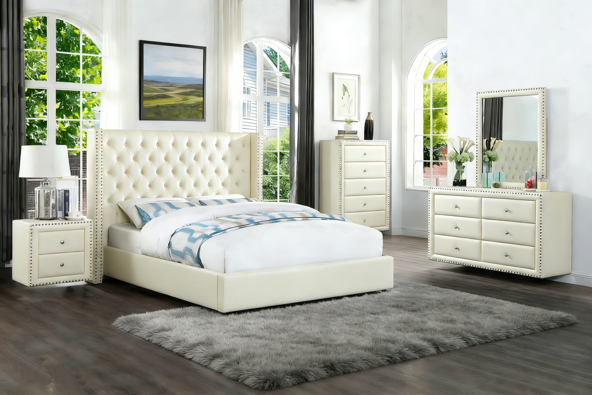 Neatly arranged bedroom with a white bed, nightstands, dresser, and mirror.