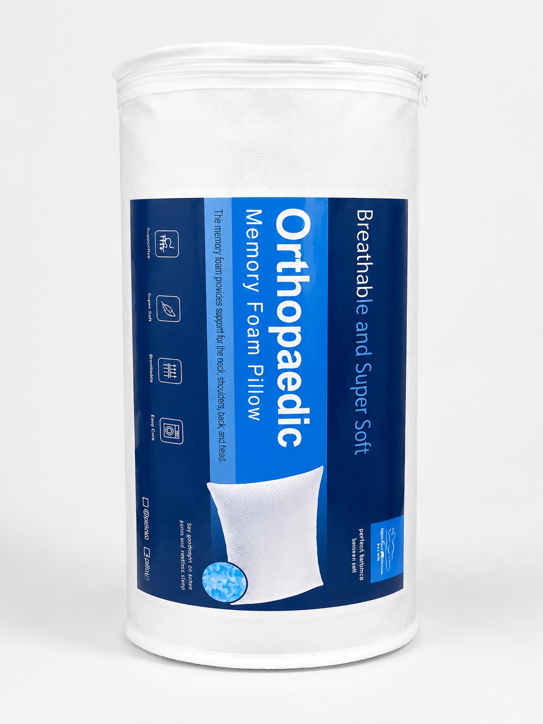 Orthopaedic memory foam pillow packaging with blue label on a white background