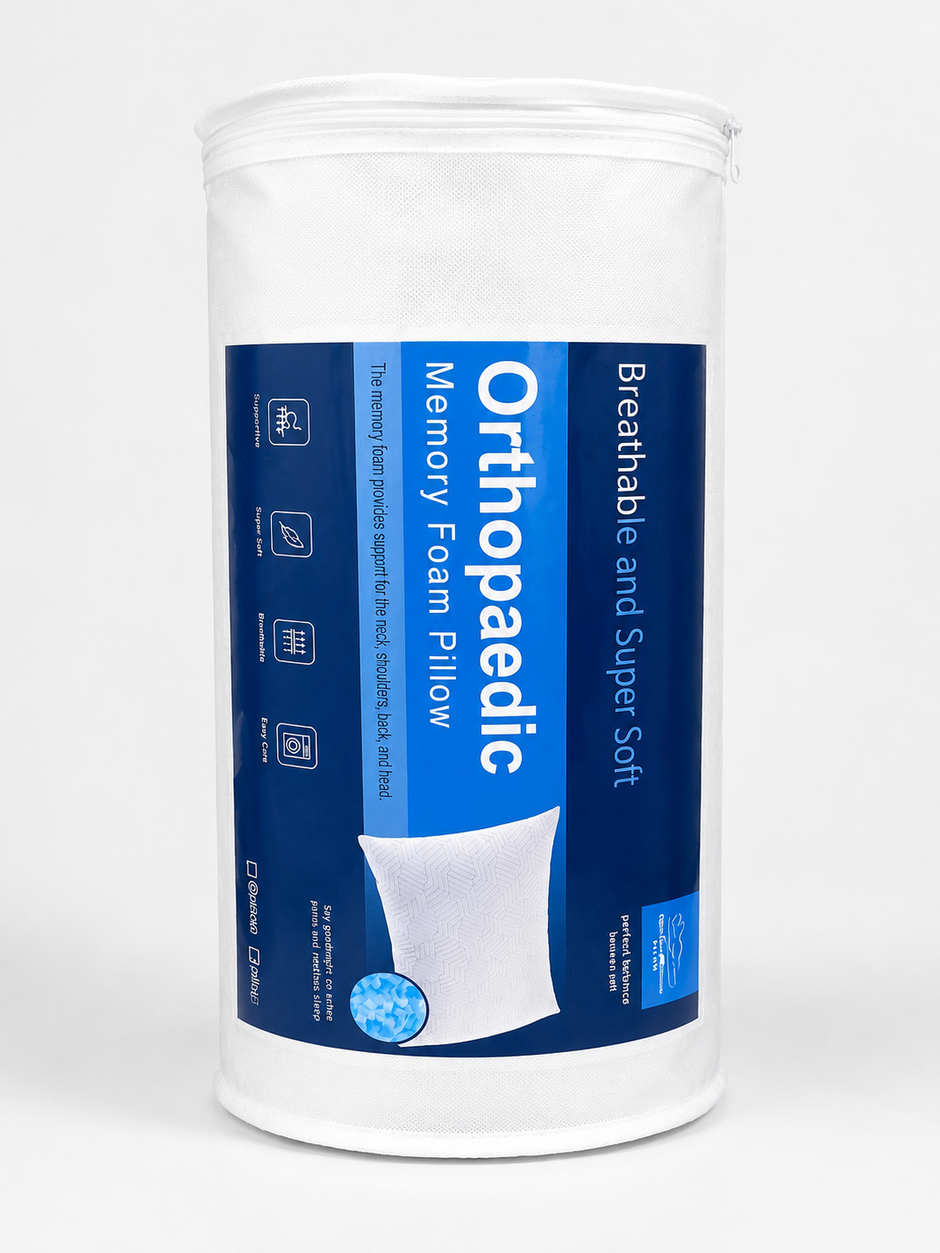 Orthopaedic memory foam pillow packaging with blue label on a white background