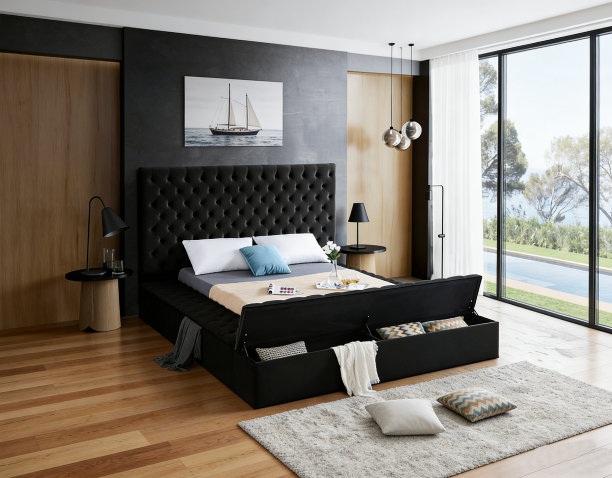 Modern bedroom with a black upholstered bed, wooden floor, and large windows.