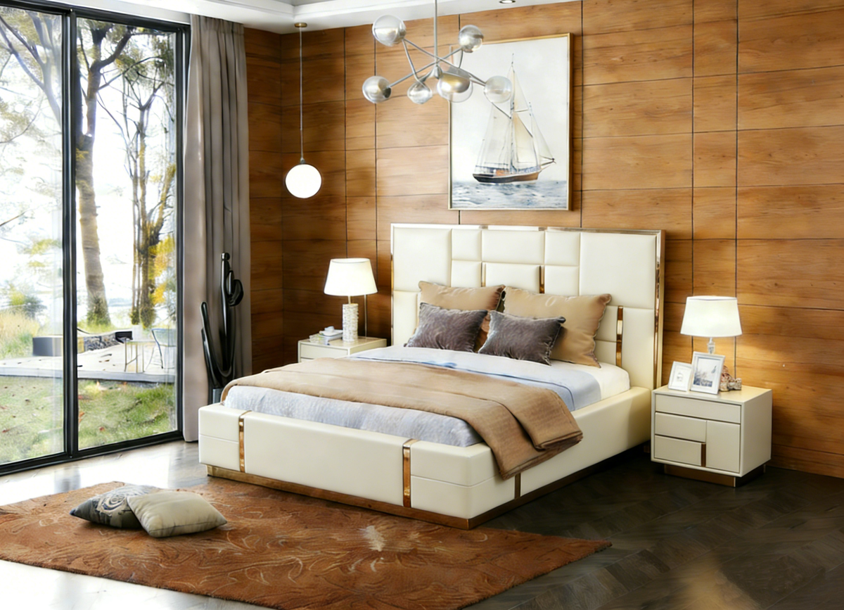 Modern bedroom with wooden walls, a bed, and decorative elements.