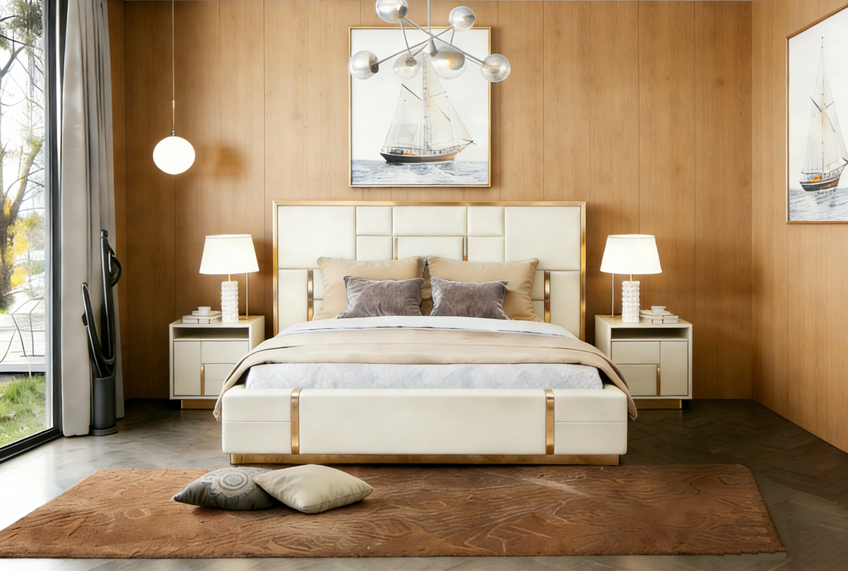 Modern bedroom with a bed, nightstands, and wall art.