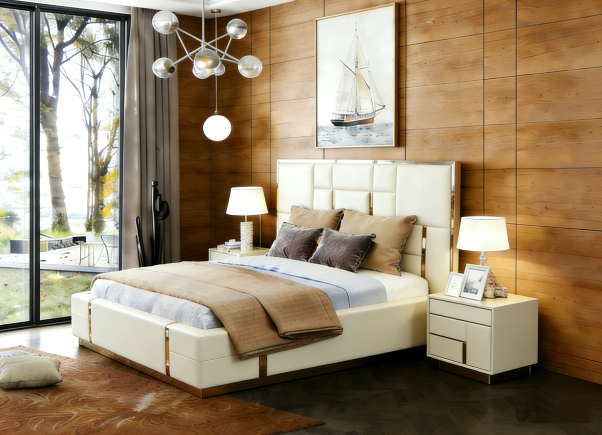 Modern bedroom with a large bed, nightstands, and wall art.
