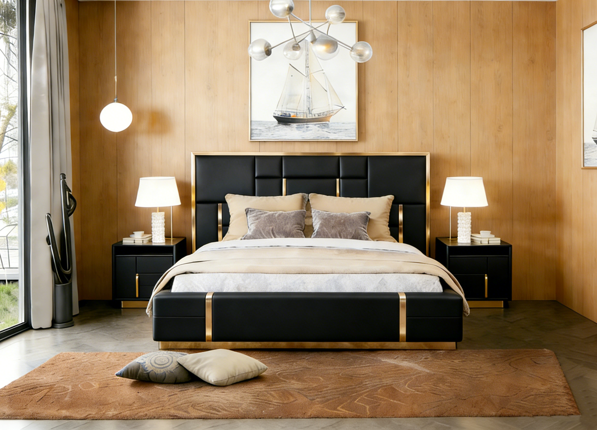 Modern bedroom with a black bed, wooden walls, and decorative elements.