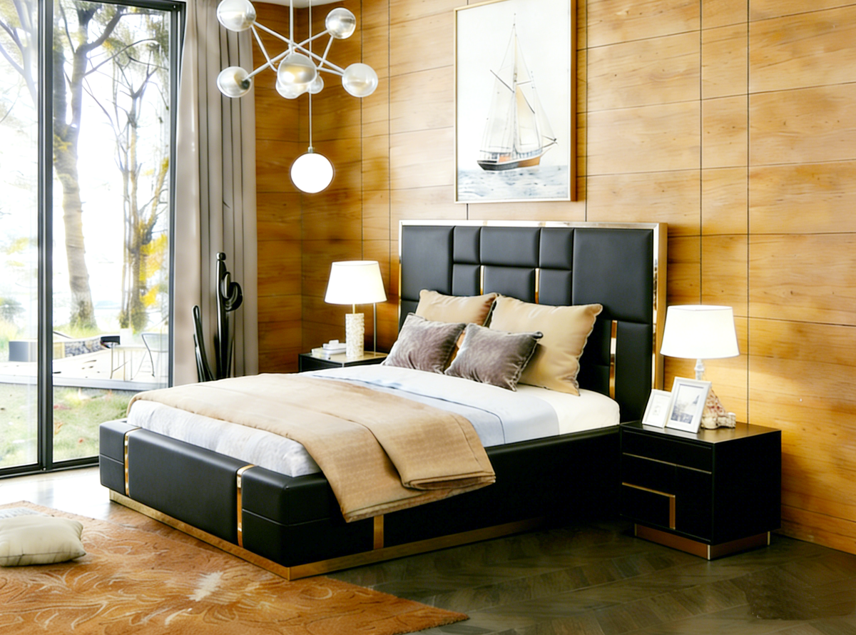 Modern bedroom with a black upholstered bed, wooden walls, and decorative elements.