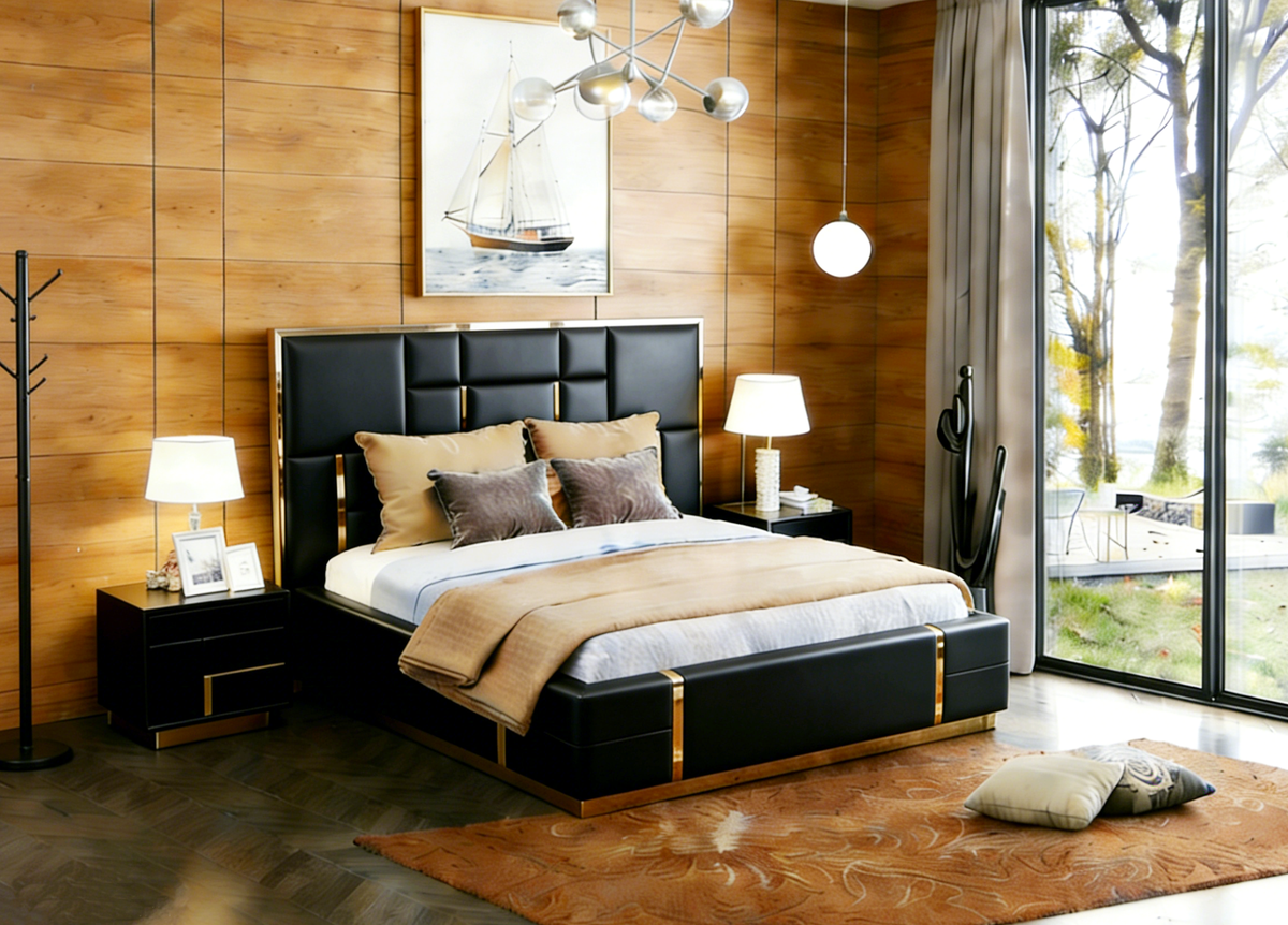 Modern bedroom with black leather bed, wooden walls, and large windows.