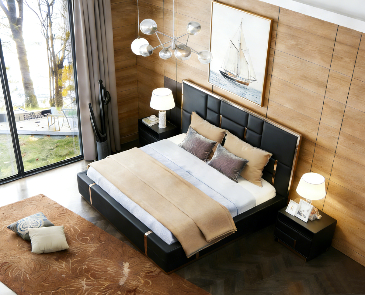 Modern bedroom with a bed, nightstands, and decor
