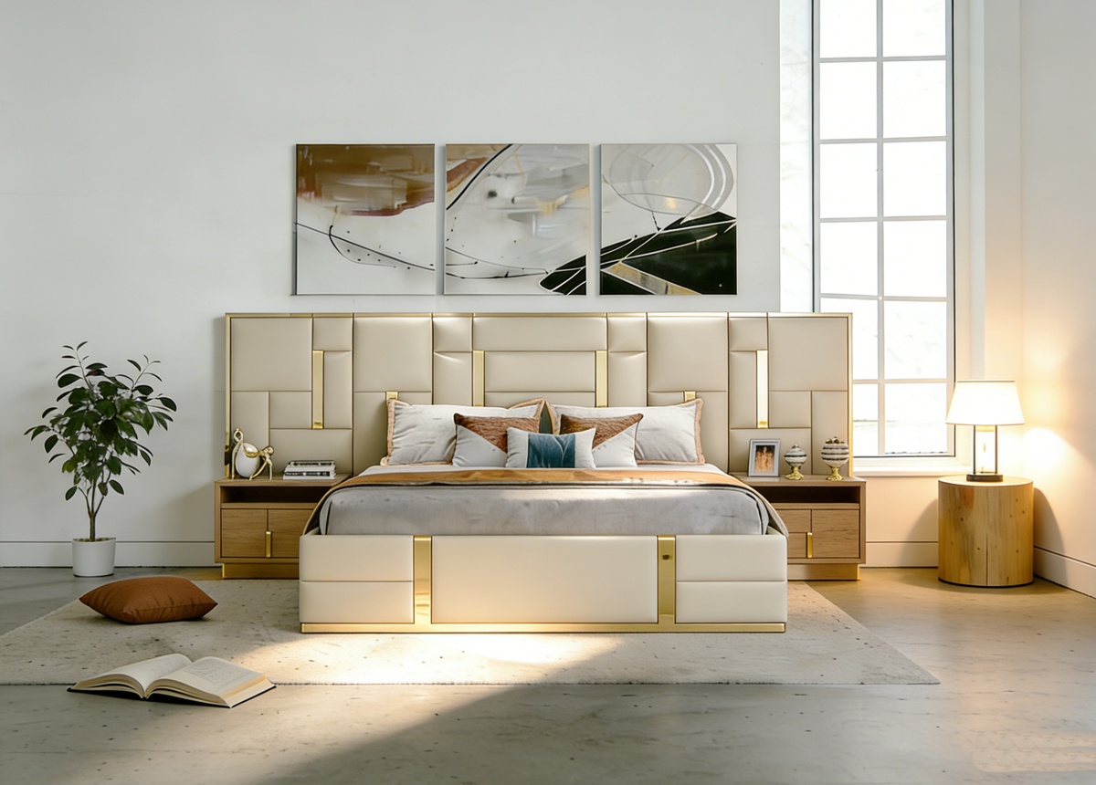 Modern bedroom with a large bed, nightstands, and wall art.