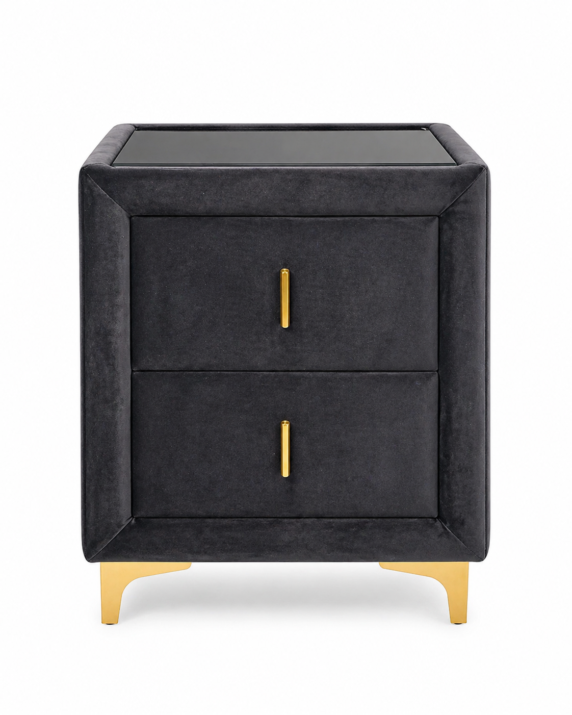 Black nightstand with gold accents on a white background