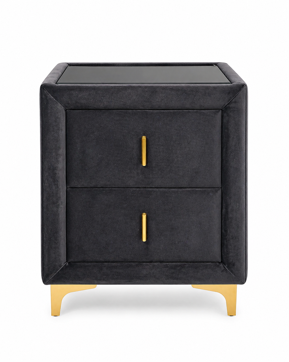 Black nightstand with gold accents on a white background