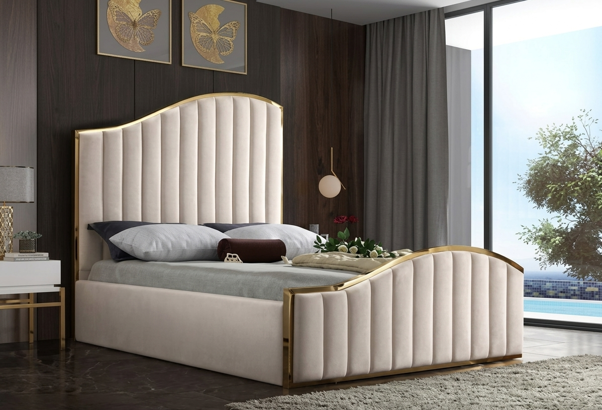 Beige upholstered bed with gold accents in a modern bedroom setting.