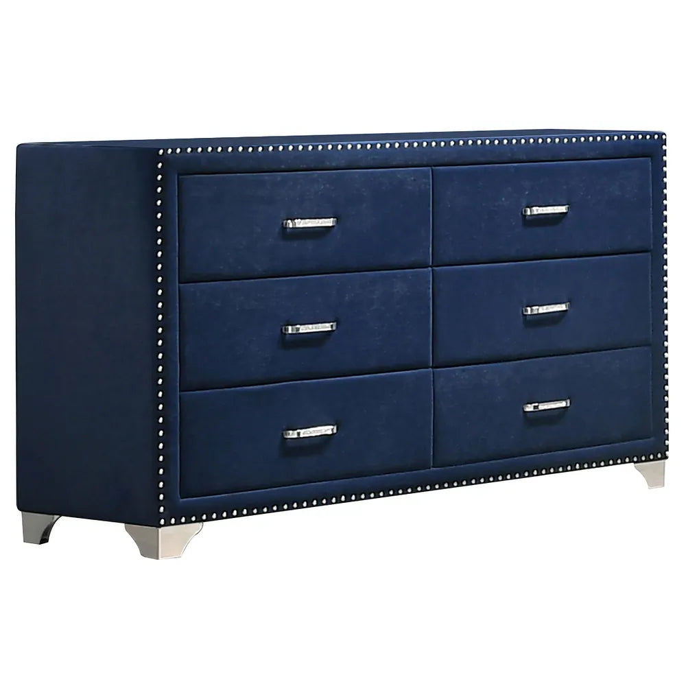Blue dresser with six drawers on a white background