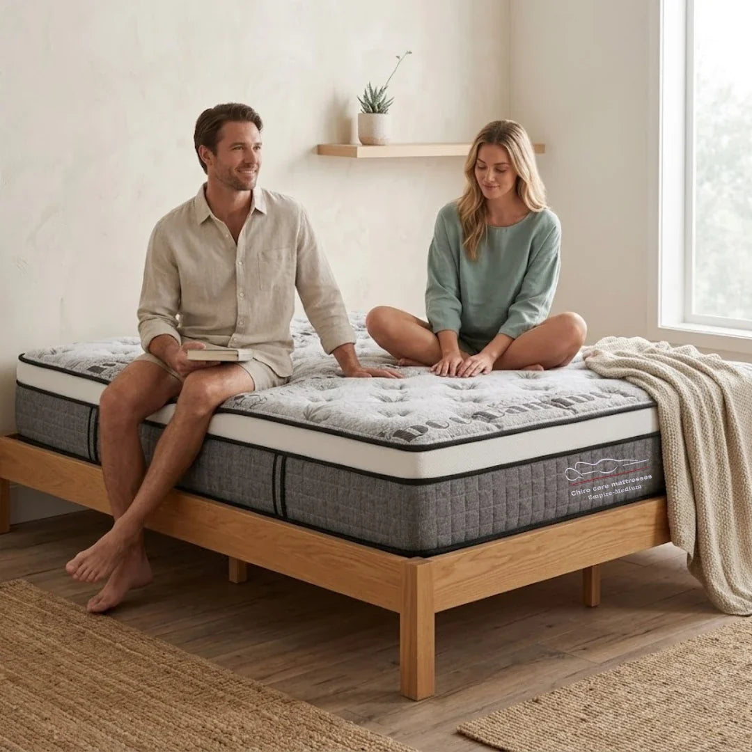 Man and woman sitting on a mattress in a bedroom