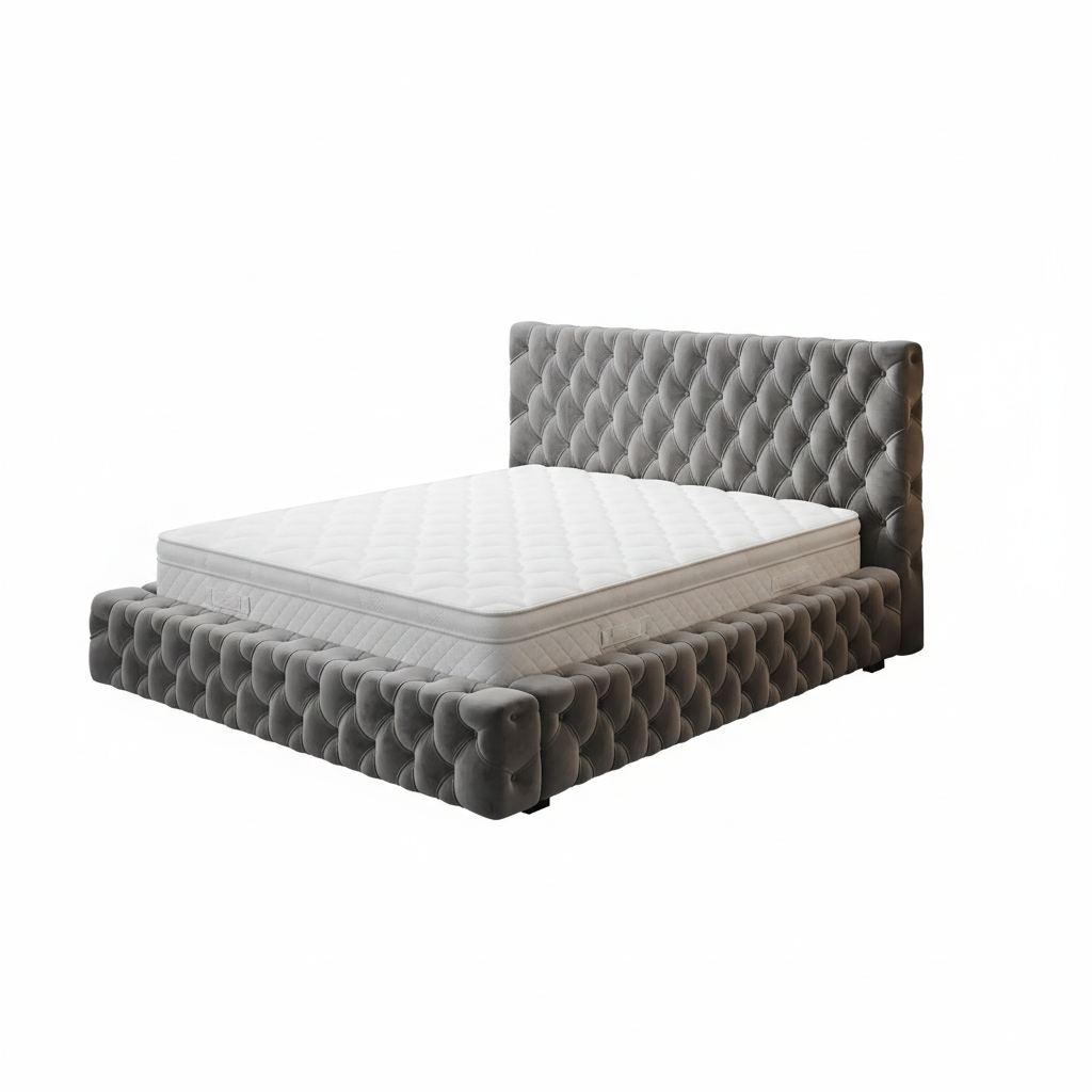 Gray tufted bed with white mattress on a white background