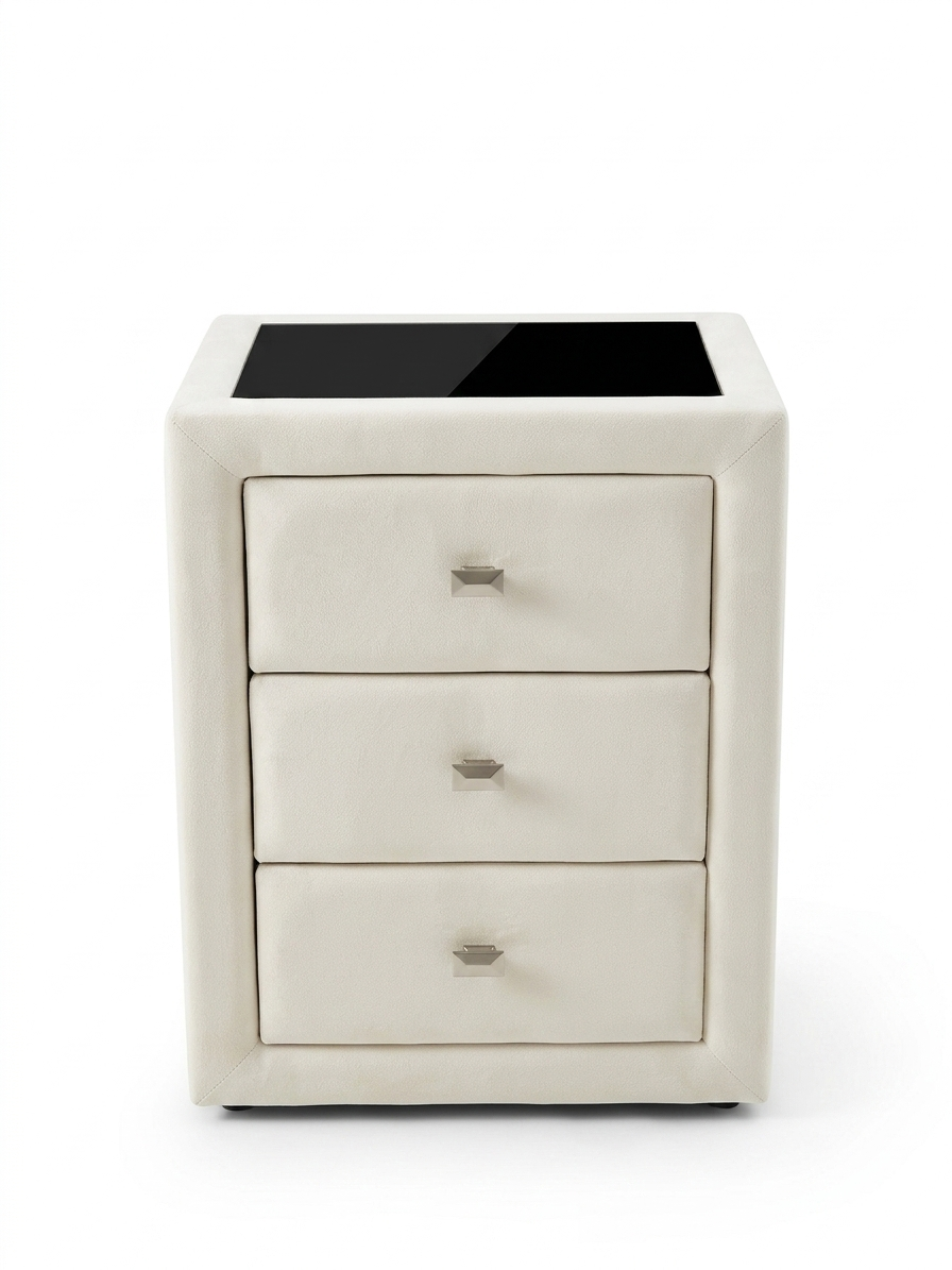 White nightstand with three drawers on a white background