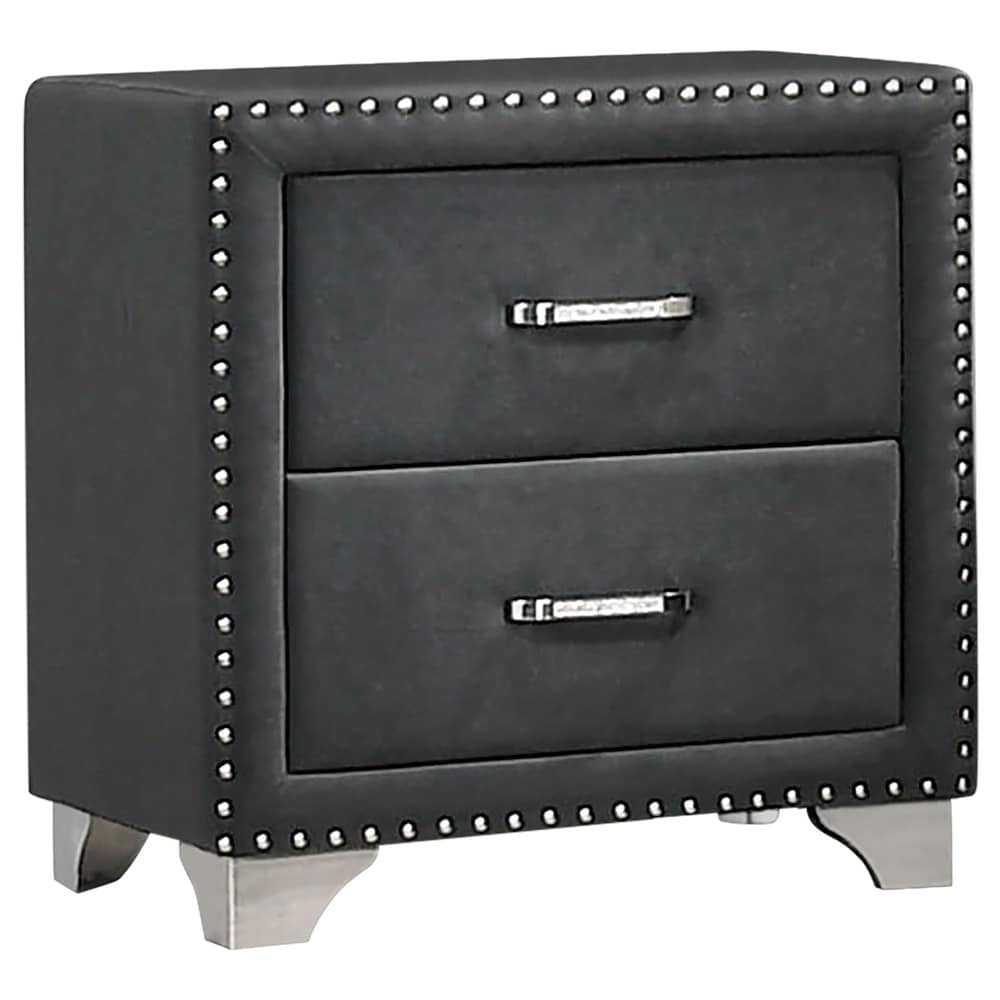 Black nightstand with two drawers and studded details on a white background