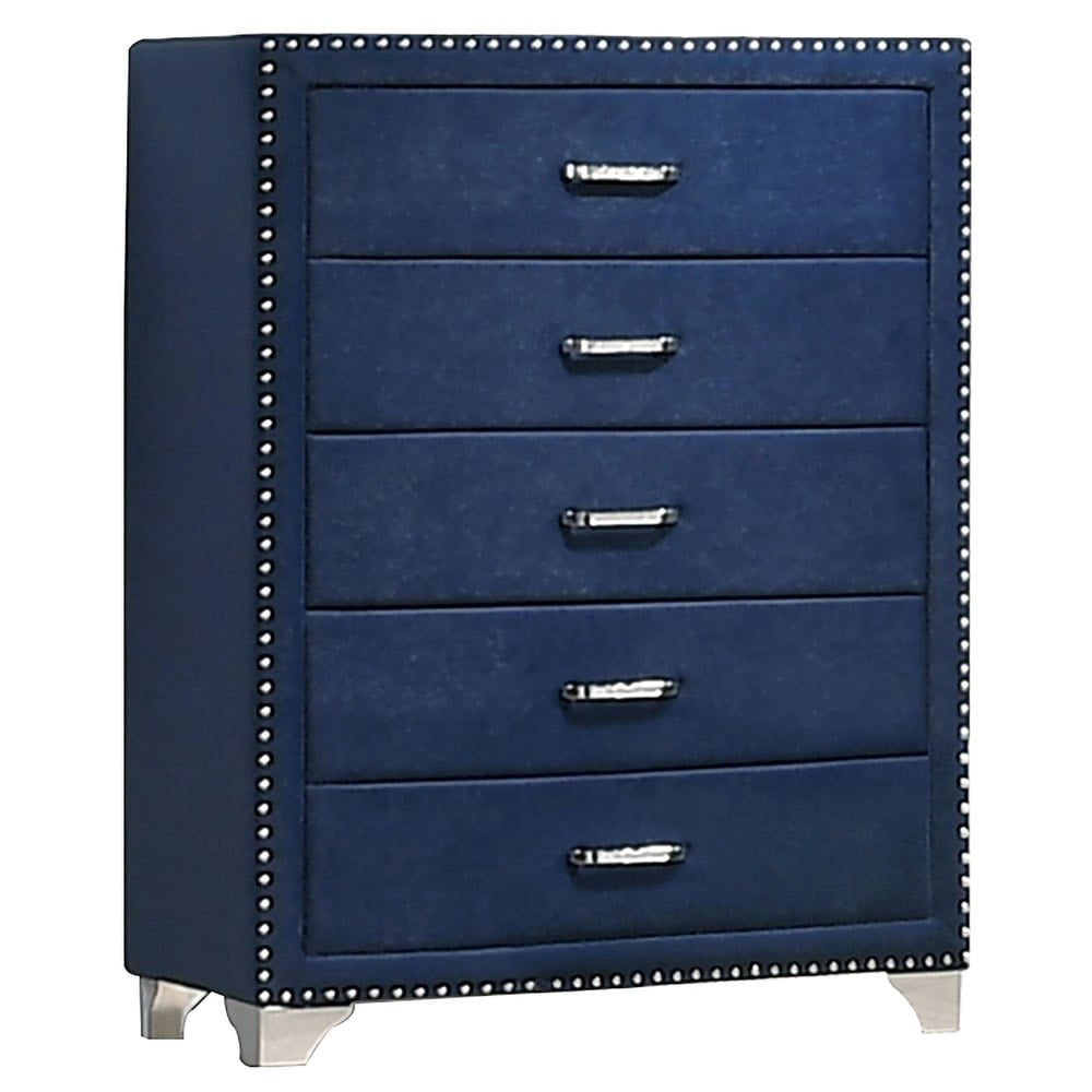 Blue dresser with silver nailhead trim on a white background