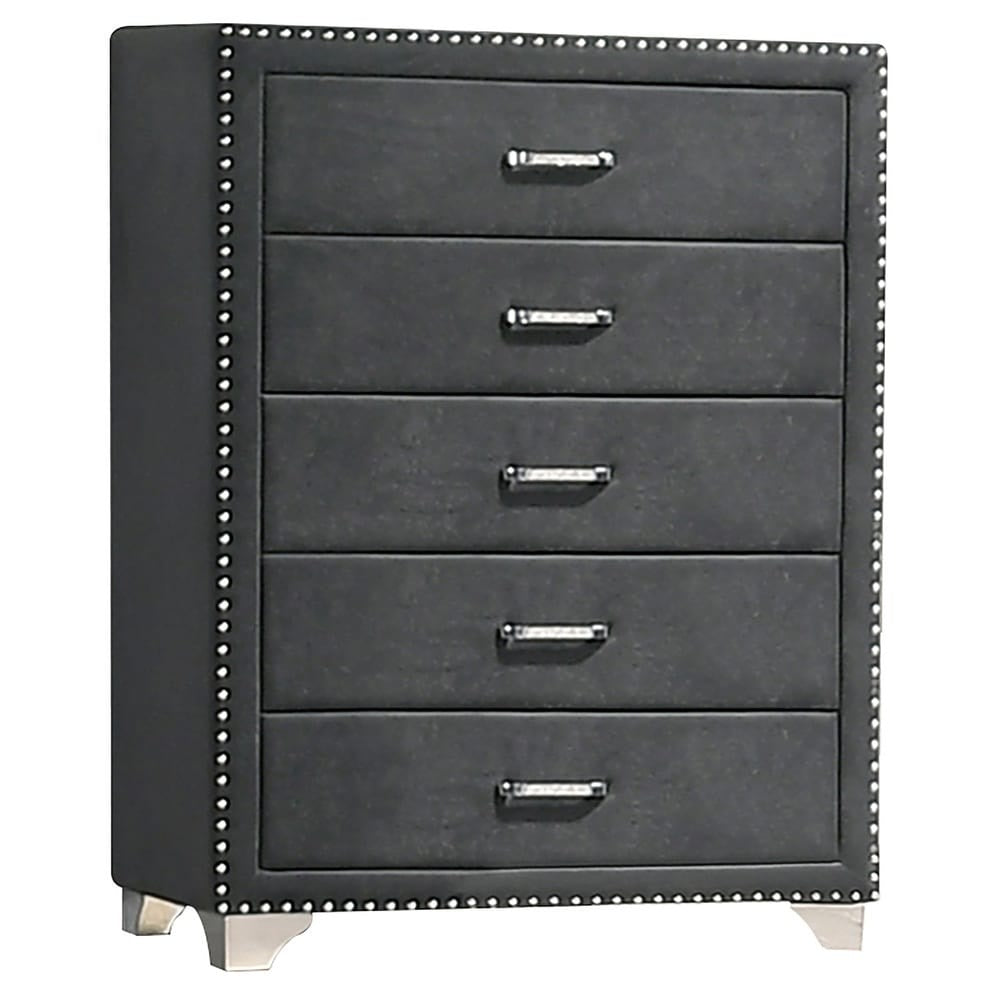 Black dresser with four drawers and nailhead trim on a white background