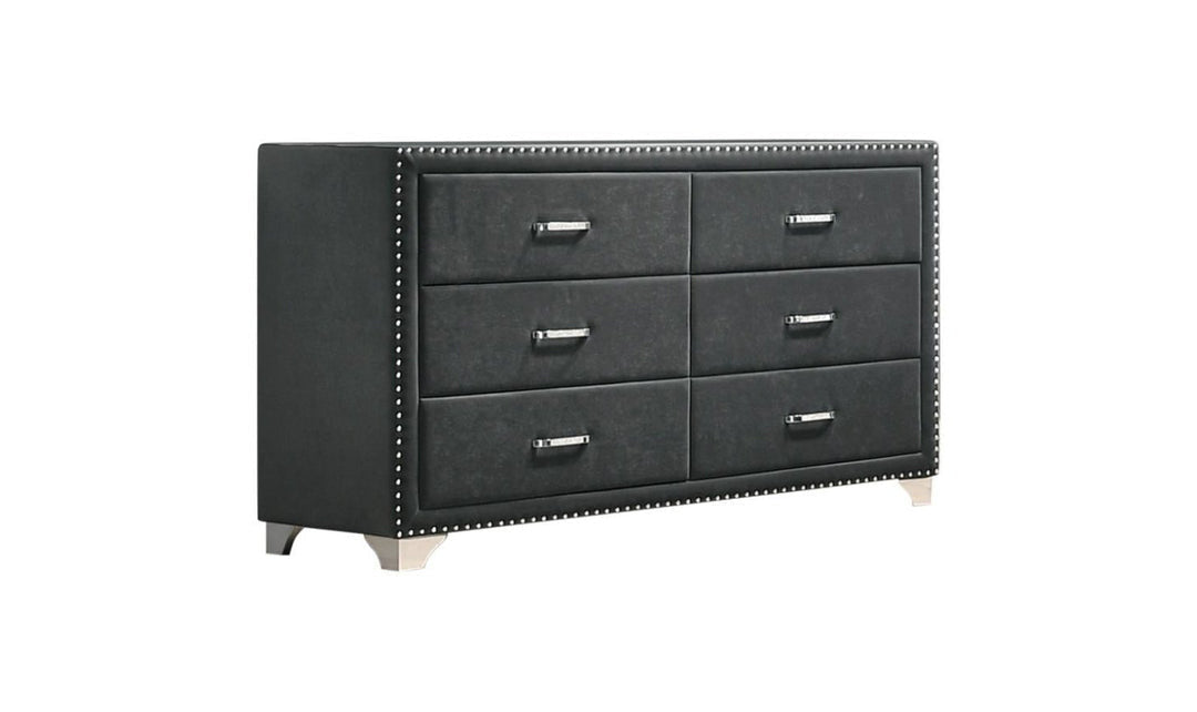 Black dresser with six drawers on a white background