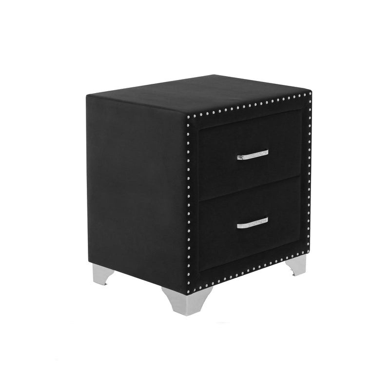 Black nightstand with two drawers and studded details on a white background