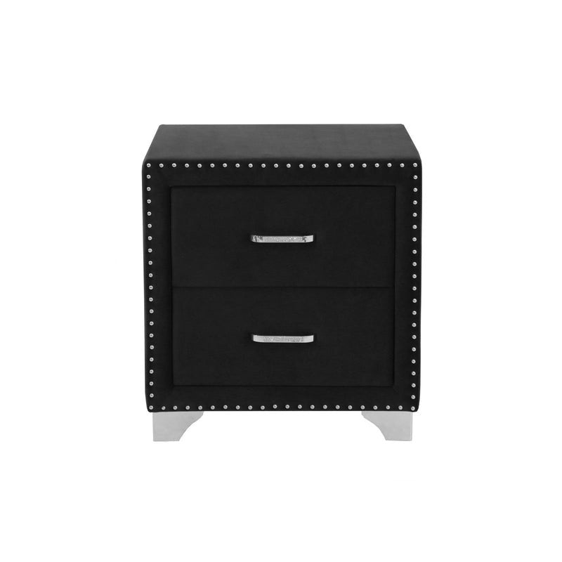 Black nightstand with two drawers and studded details on a white background