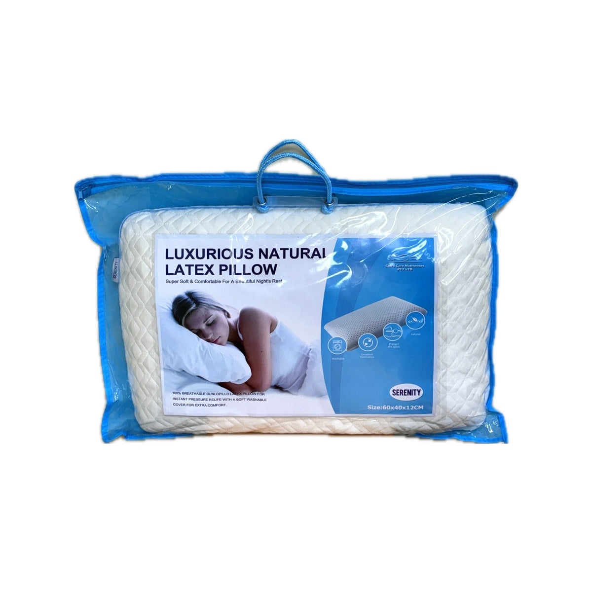 Packaged luxurious natural latex pillow with blue and white packaging on a white background