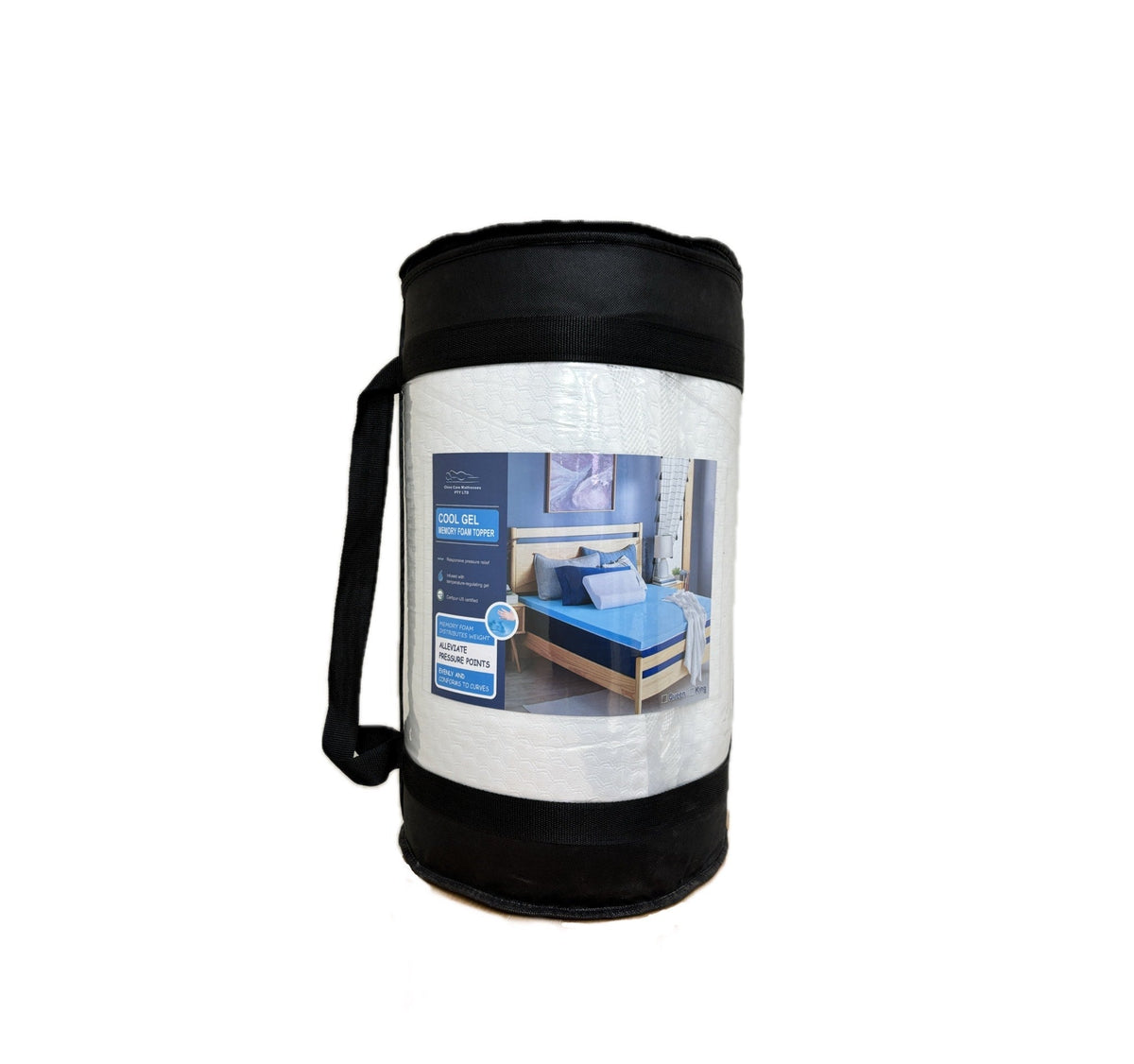 Black carrying bag with a white interior containing a mattress on a white background