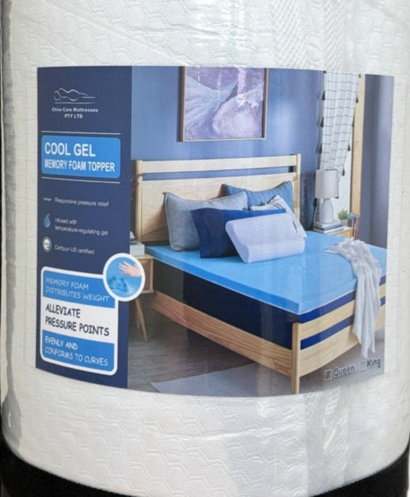 Mattress topper packaging with a bedroom scene and product features.
