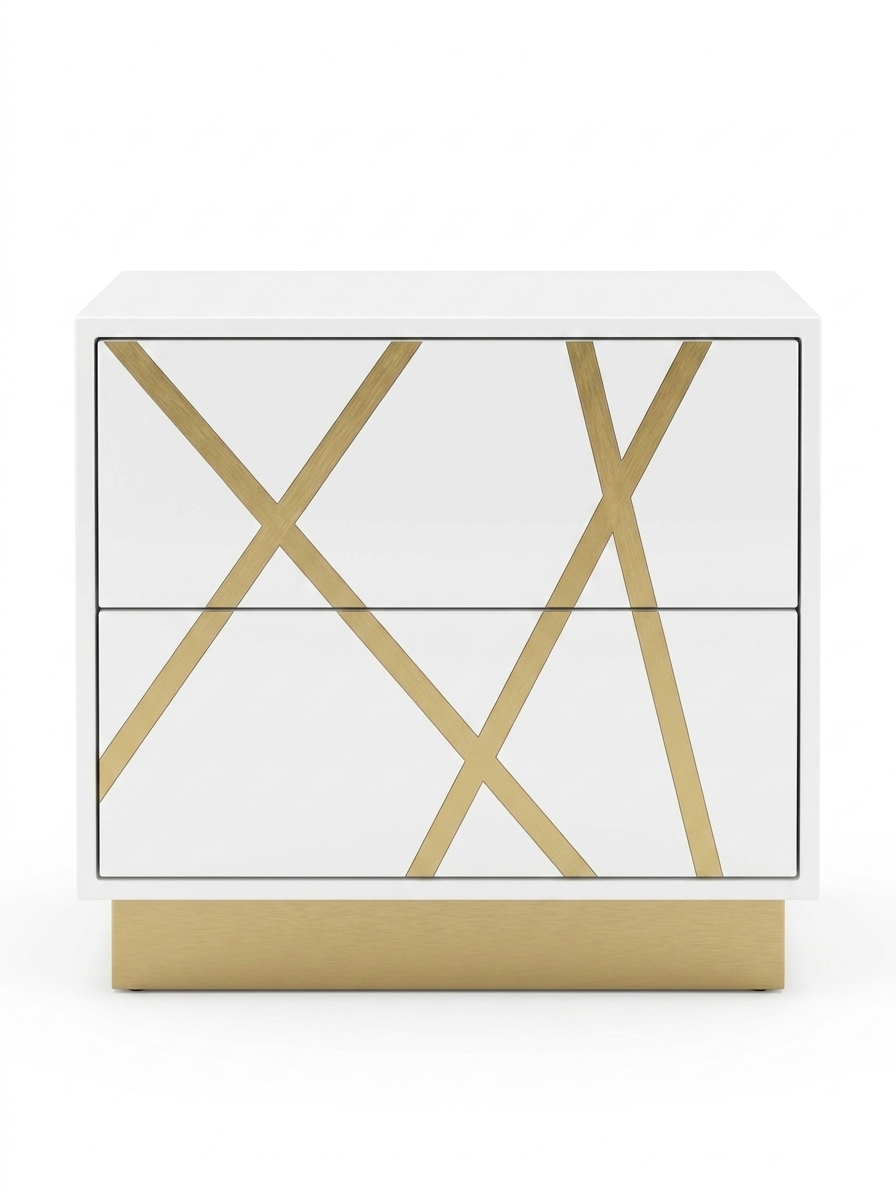 White dresser with gold geometric design on a white background