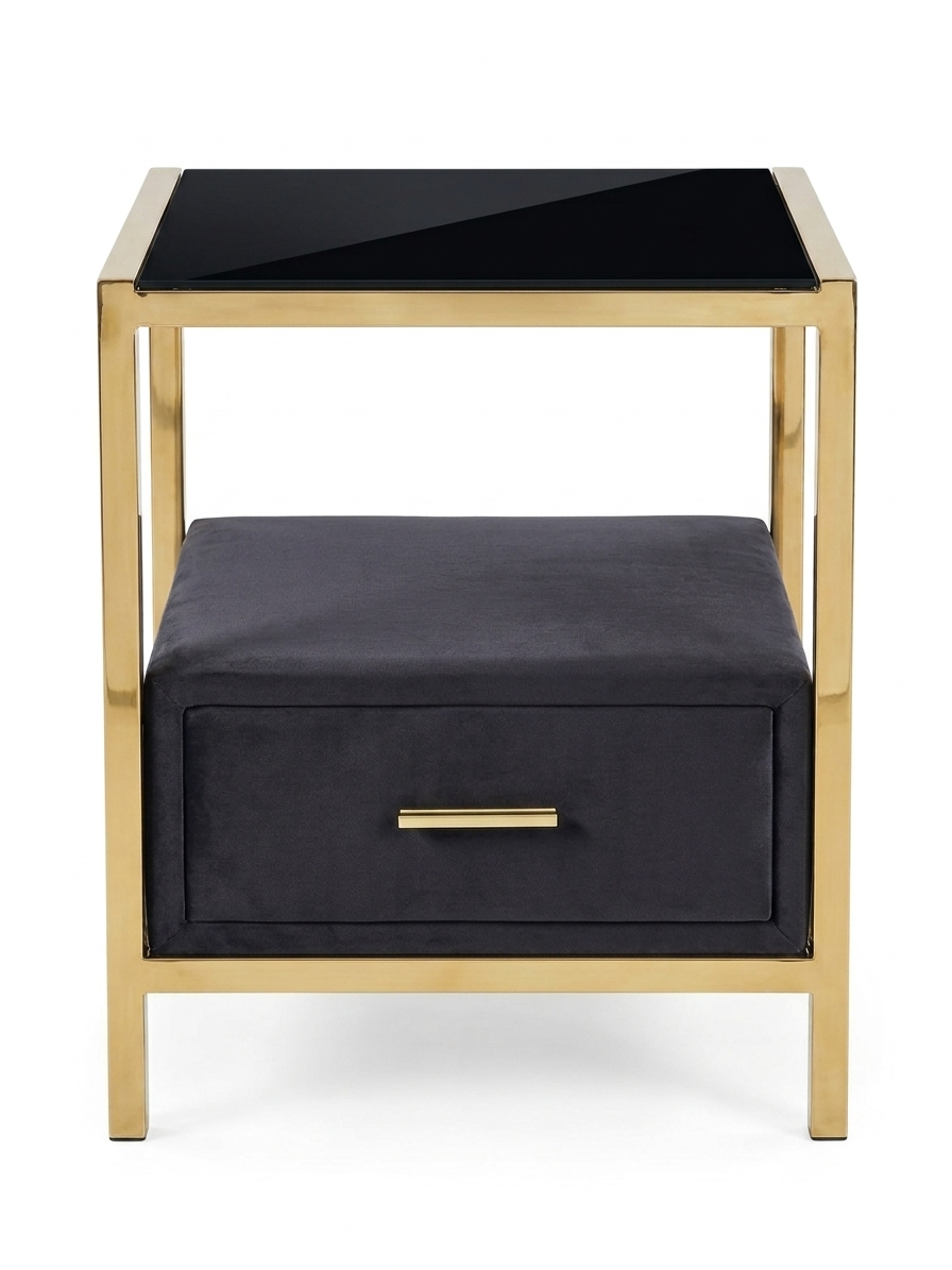 Side table with black glass top and storage drawer on a white background