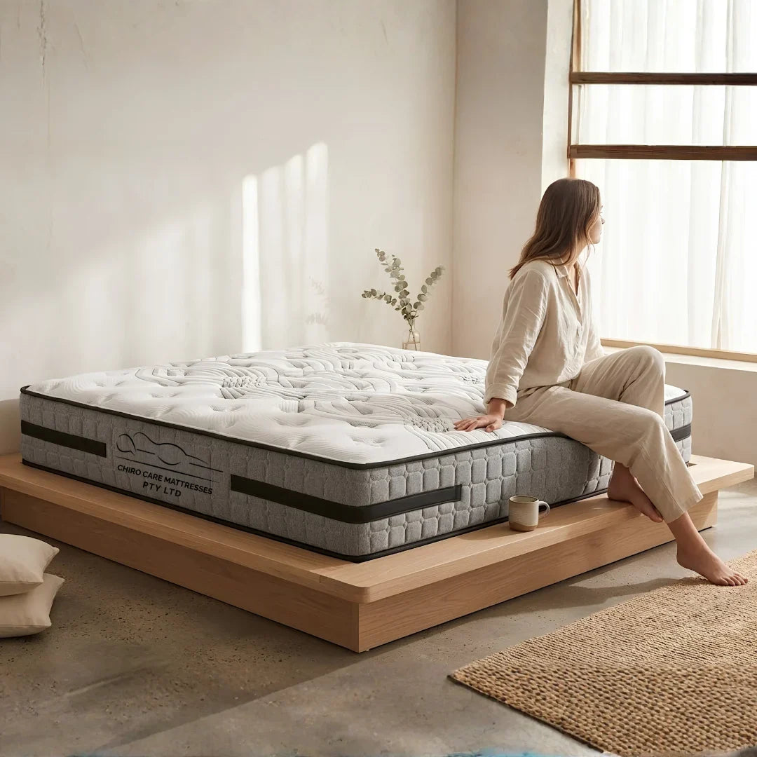 Woman sitting on a mattress in a bright room with large windows.