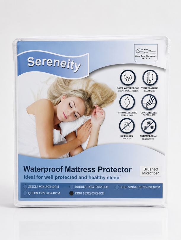 Serenity waterproof mattress protector packaging with a woman on a bed.