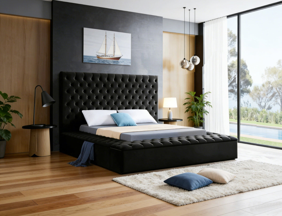 Modern bedroom with a large bed, headboard, and decorative elements.