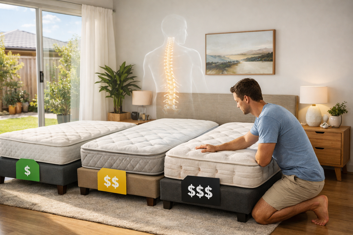 Man comparing different mattress options with price tags labeled by cost.