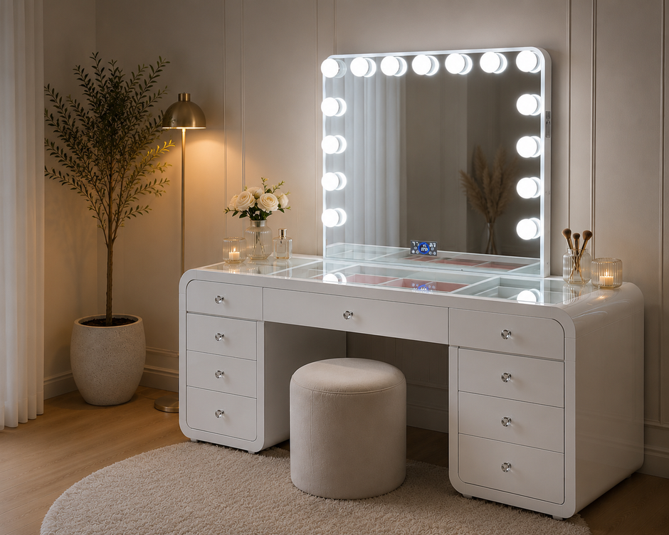 A white vanity desk with a large lighted makeup mirror, glass top, six drawers, and a round beige stool in a softly lit room with a floor lamp and potted plant.